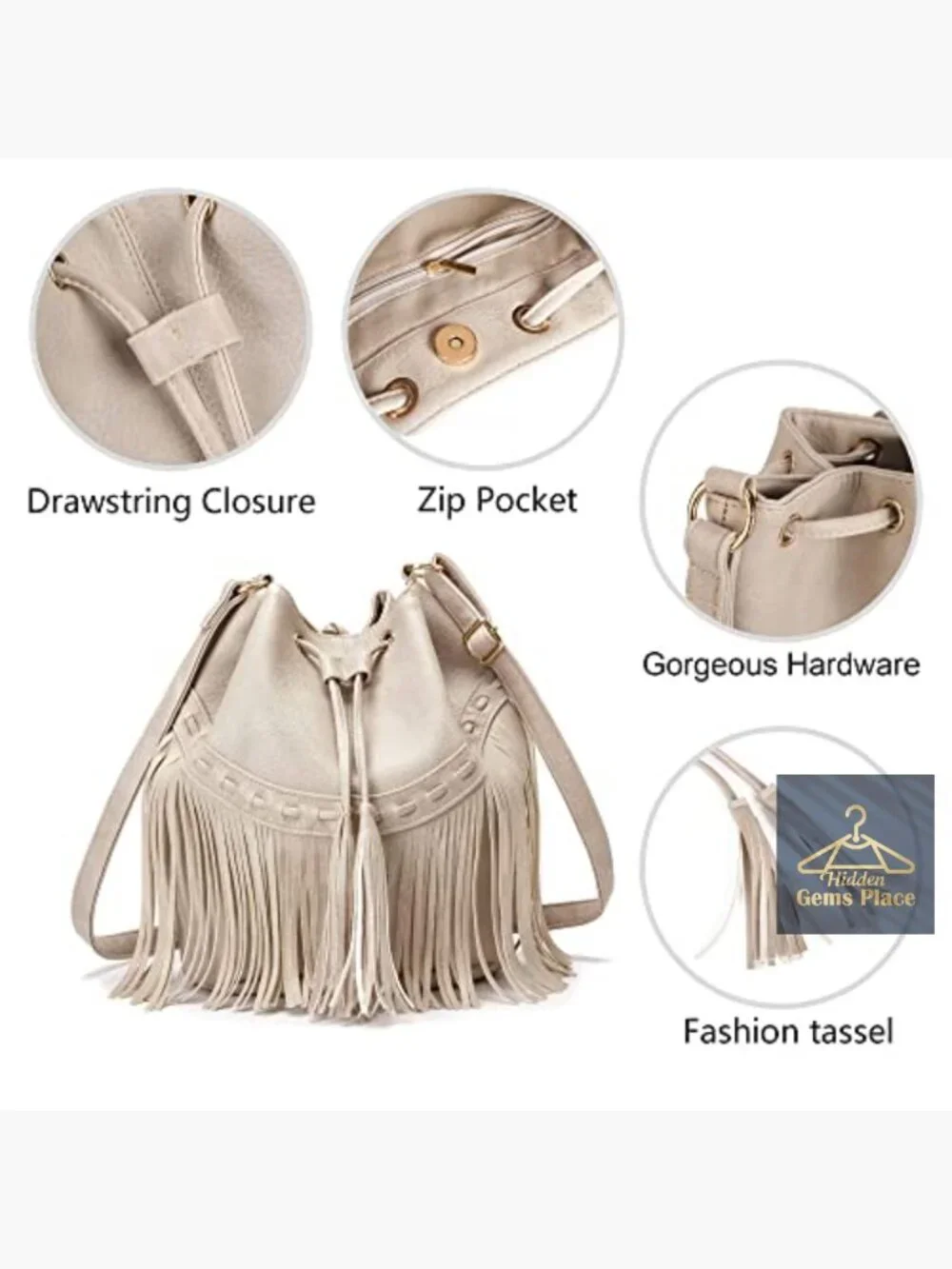 Vegan Leather Bucket Bag Crossbody Fringe Tassel Hobo Shoulder Purse Drawstring